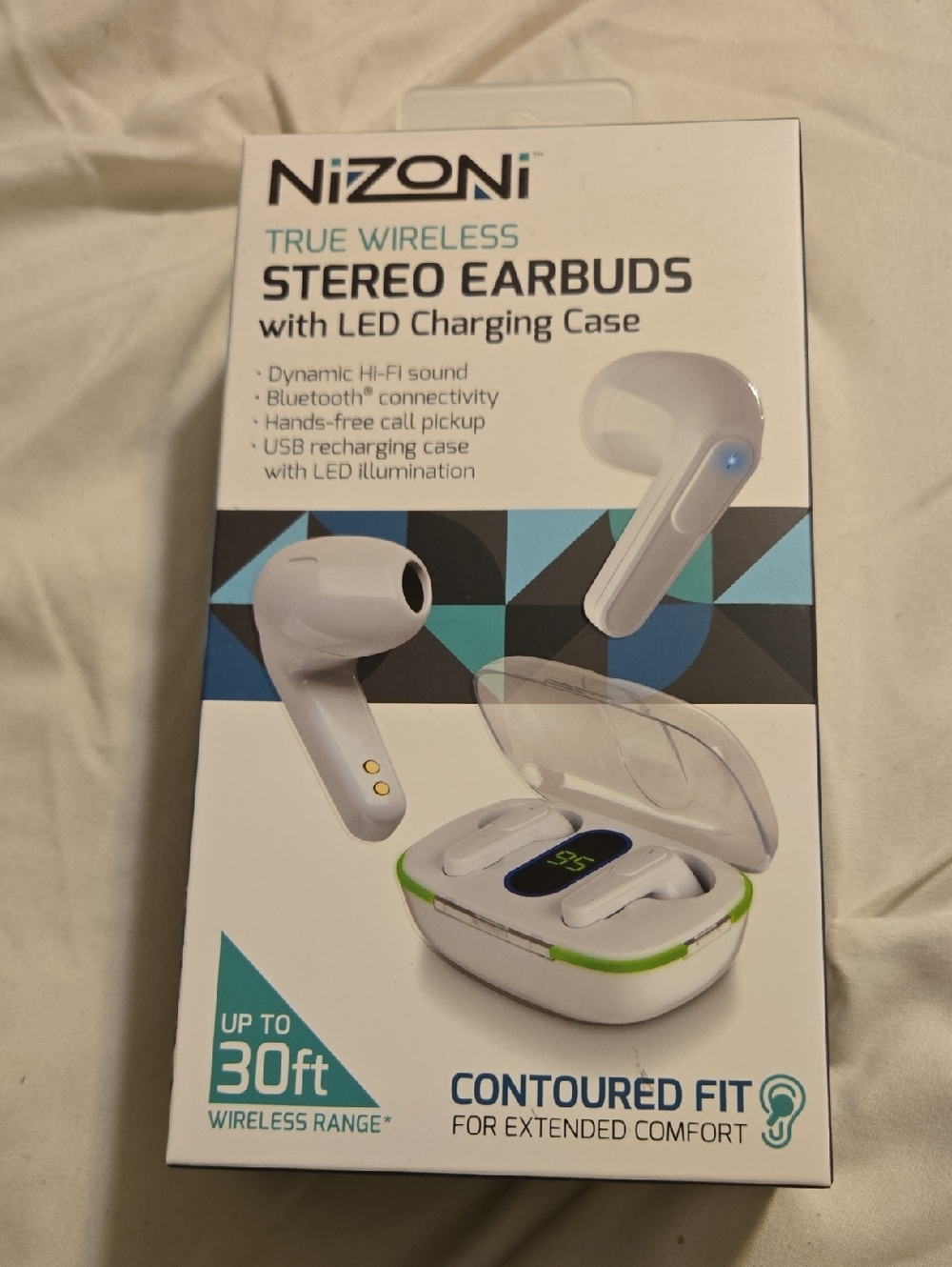 NiZoni True Wireless Stereo Earbuds - White with Green Accent